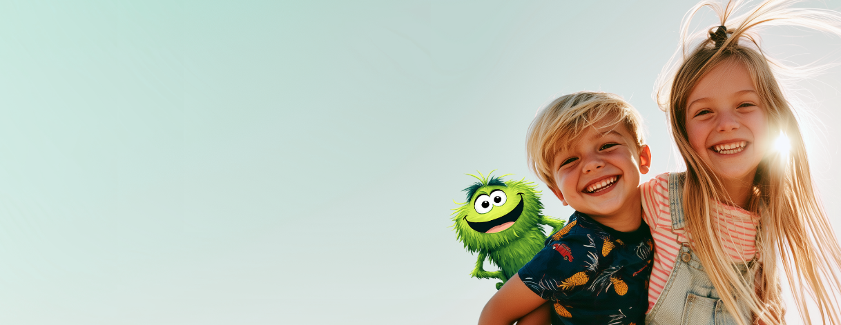 I-generierte Visualisierung: Zwei lachende Kinder im Sonnenlicht mit dem grünen Gumtamin-Monster